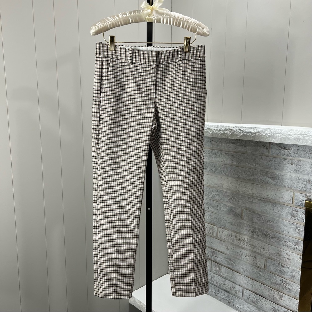 Theory Testra O Dashed Check Tan Black Stretch Slim Leg Trouser Ankle Pants 00